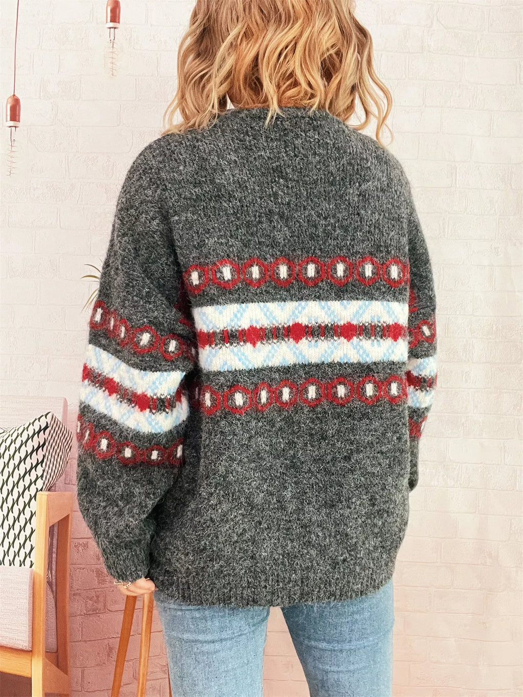 Contrast Color Round Neck Drop Shoulder Sweater