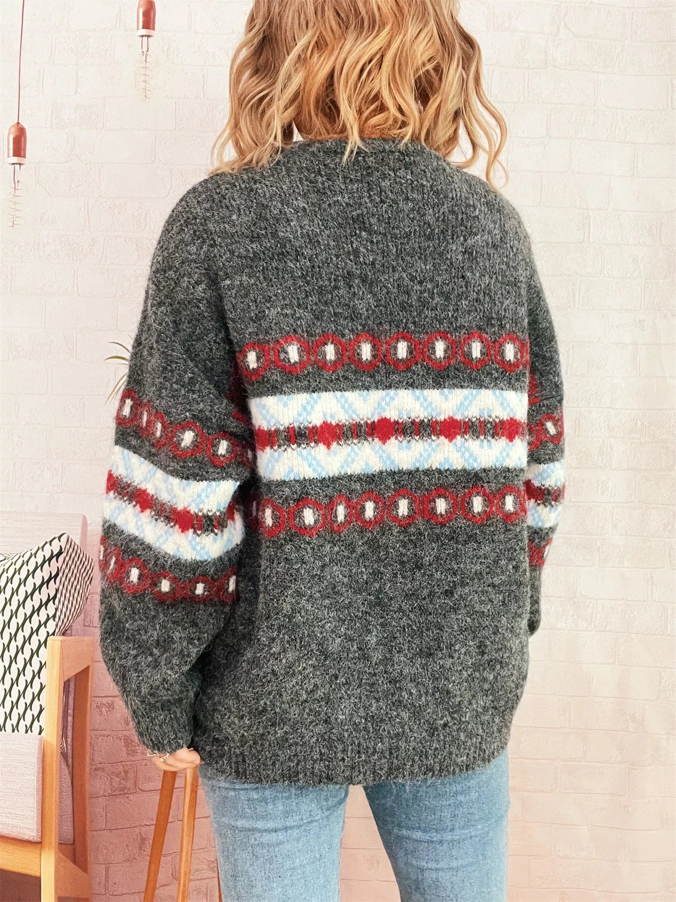 Contrast Color Round Neck Drop Shoulder Sweater