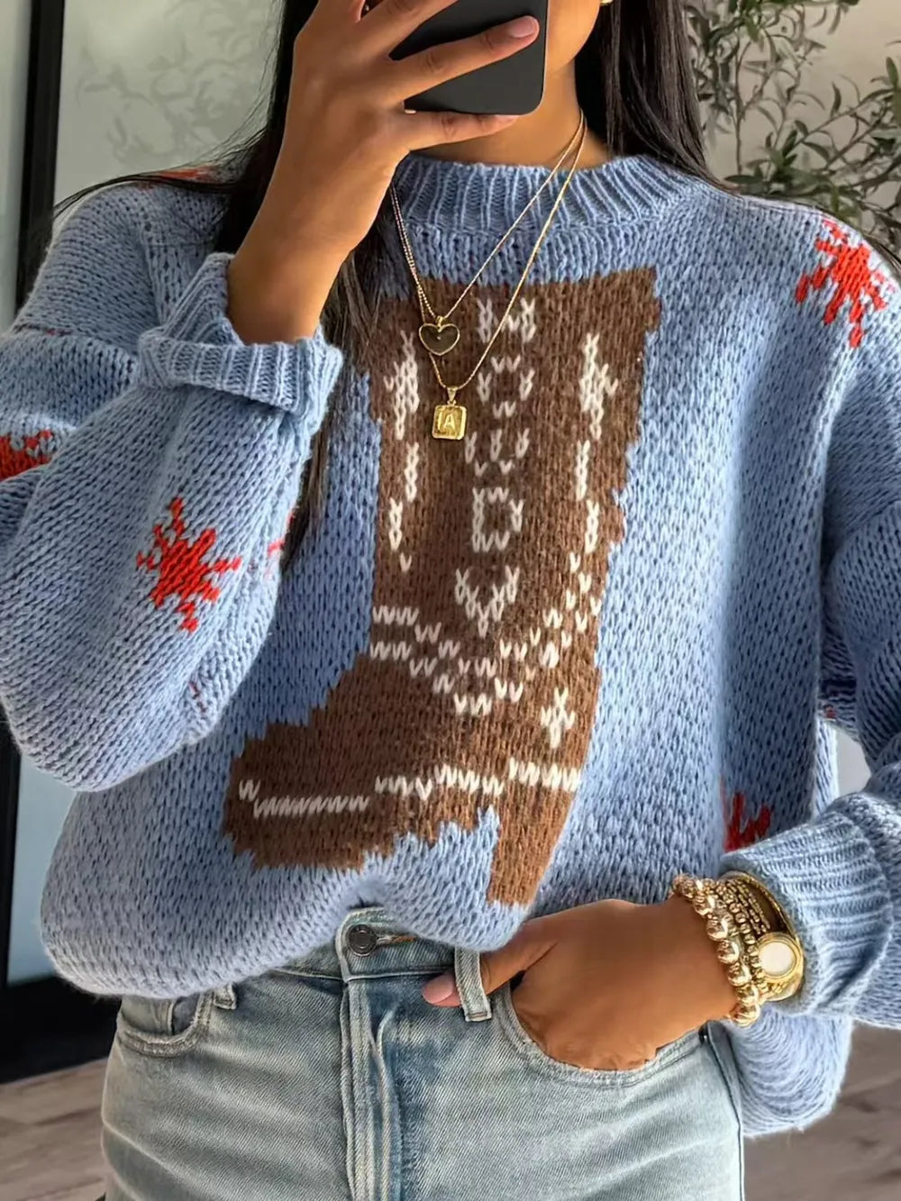 Boot Pattern Dropped Shoulder Round Neck Sweater