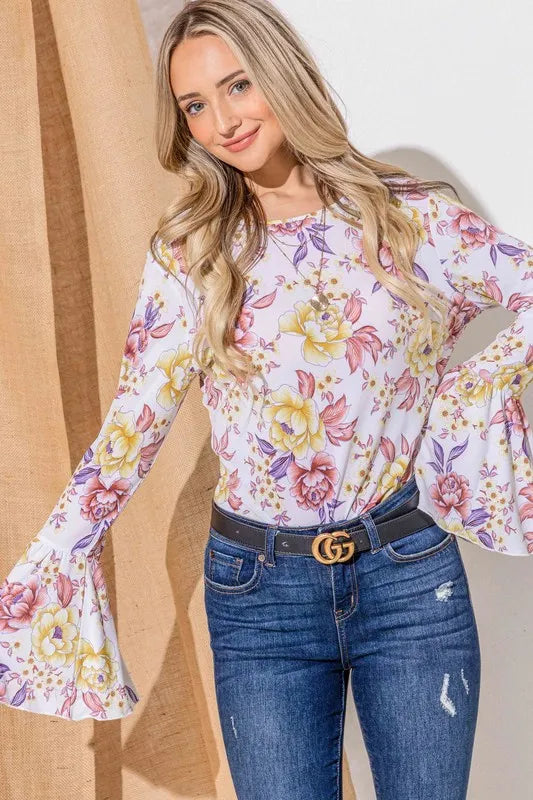 And The Why Floral Bell Sleeve Boho Top