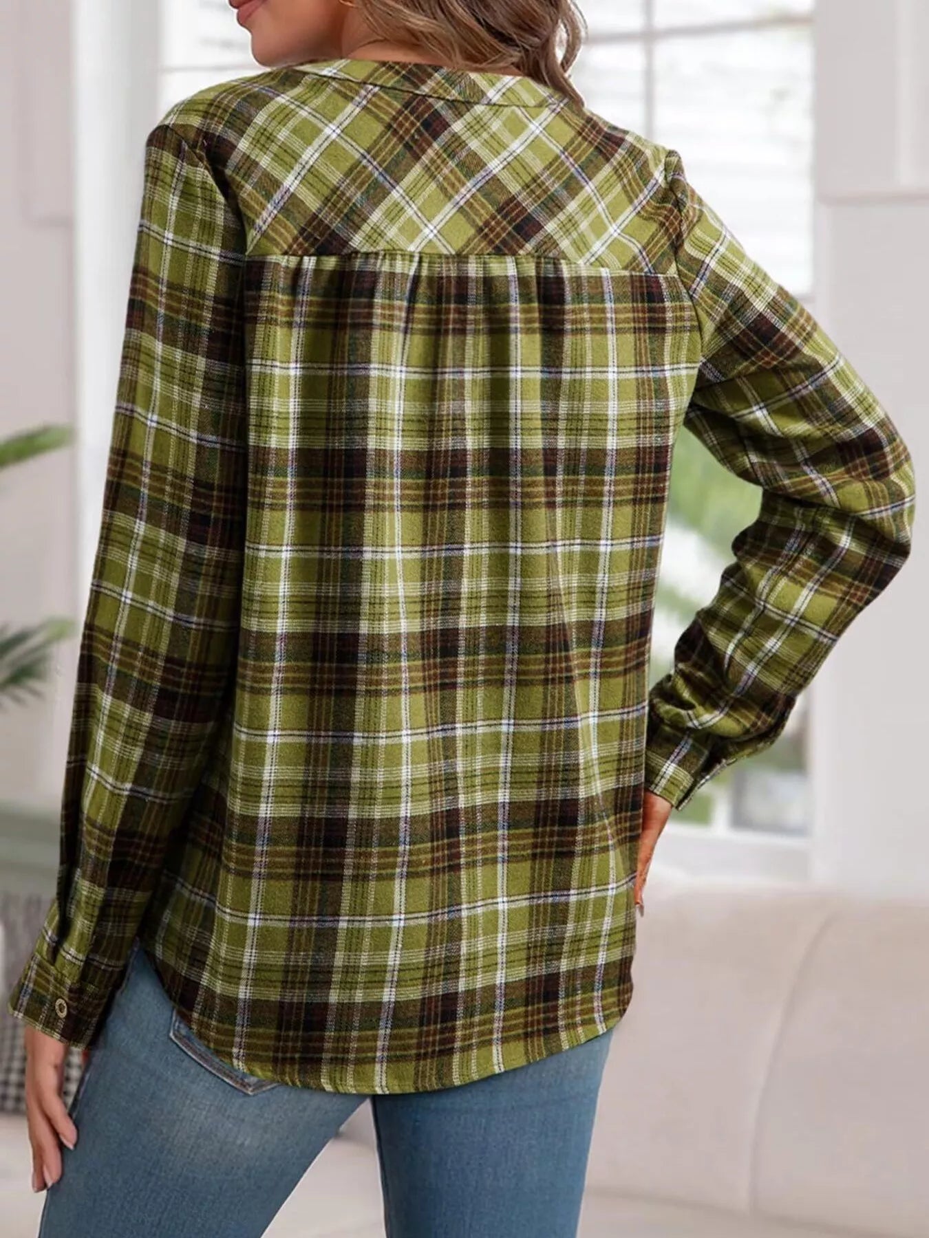 Classic Plaid Half Button Long Sleeve Blouse