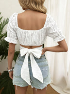 Swiss Dot Eyelet Flounce Sleeve Blouse