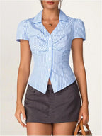 Striped Short Sleeve Button-Up Shirt with Collared Neck
