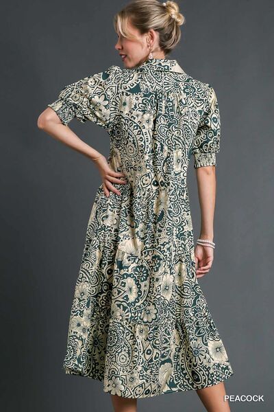 Umgee Full Size Printed Smocked Cuff Puff Sleeve Midi Dress