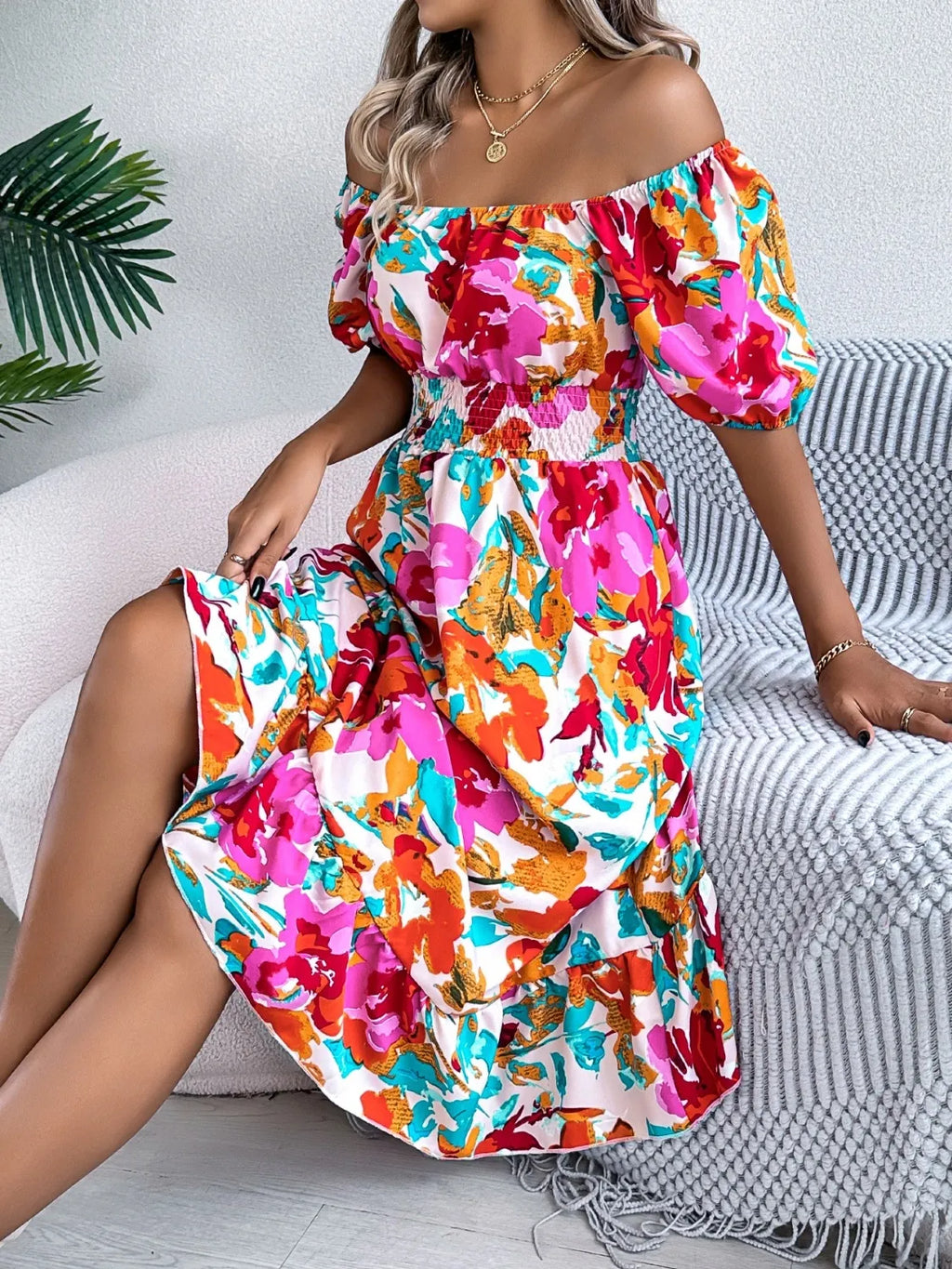Smocked Ruffle Hem Floral Midi Dress