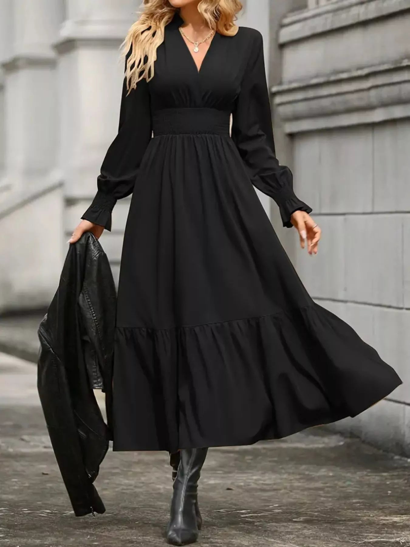 Elegant Ruched Surplice Long Sleeve Tiered Midi Dress