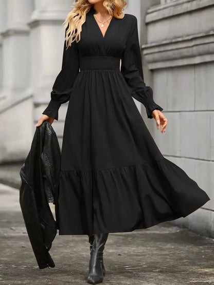 Elegant Ruched Surplice Long Sleeve Tiered Midi Dress