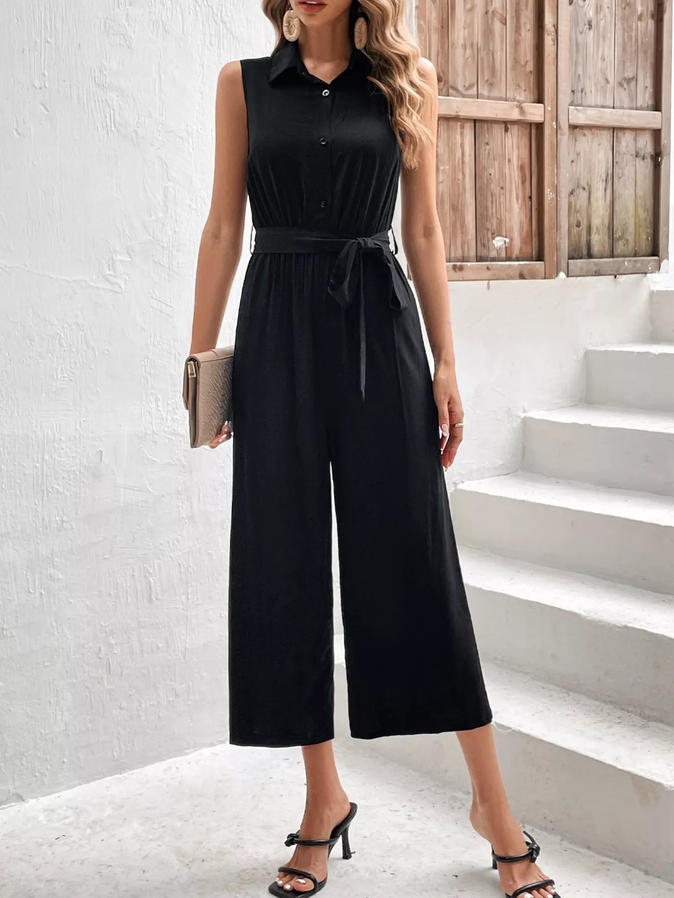 Chic Sleeveless Buttoned Wide Leg Jumpsuit Black