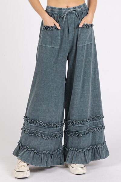 Mittoshop Ruffle Trim Pocket Mineral Wash Wide Leg Pants