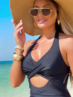 Cutout Halter Neck One-Piece Swimsuit - Trendy Printed Swimwear