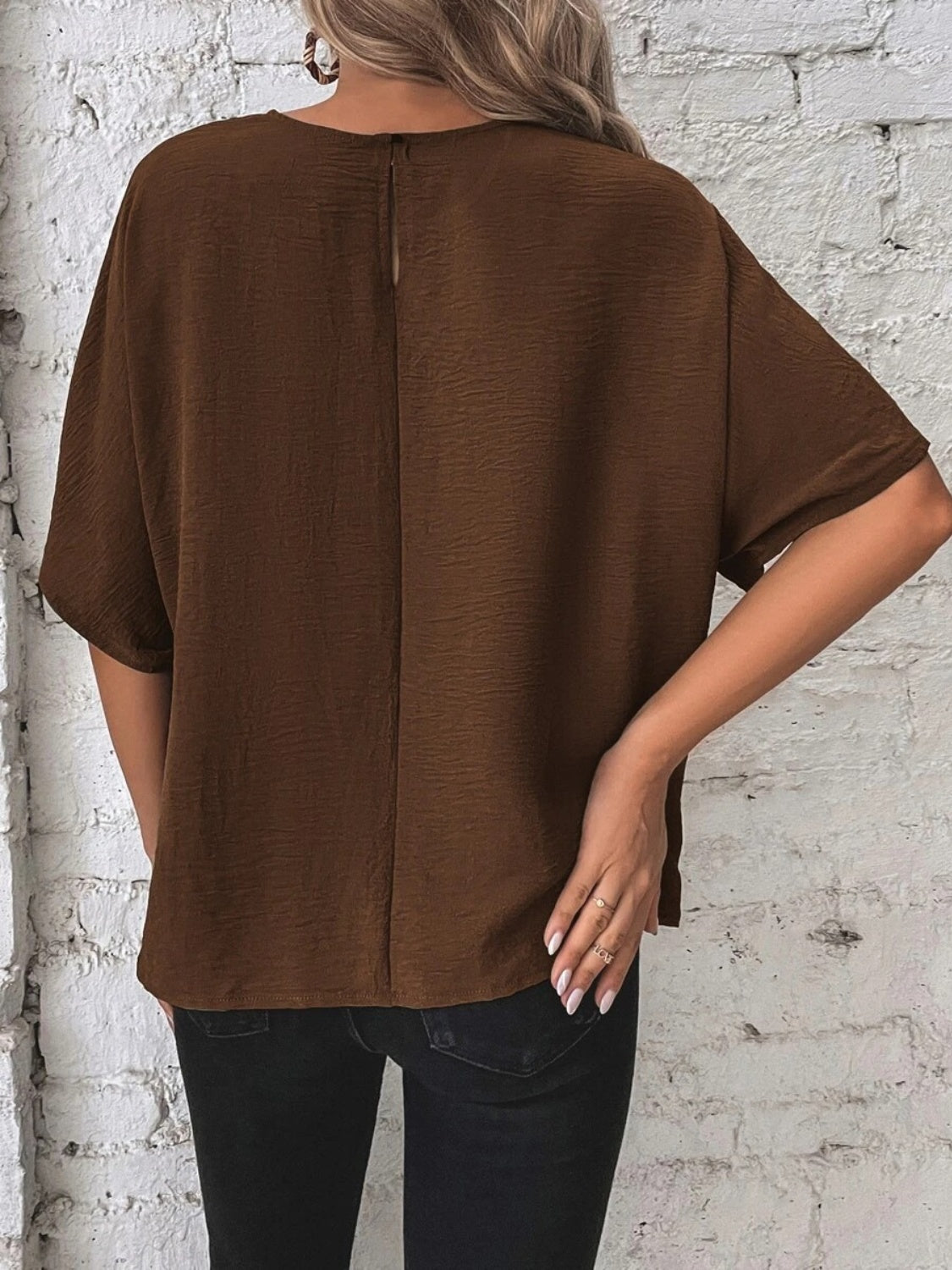 Knotted Round Neck Blouse with Half Sleeves and Button Detail