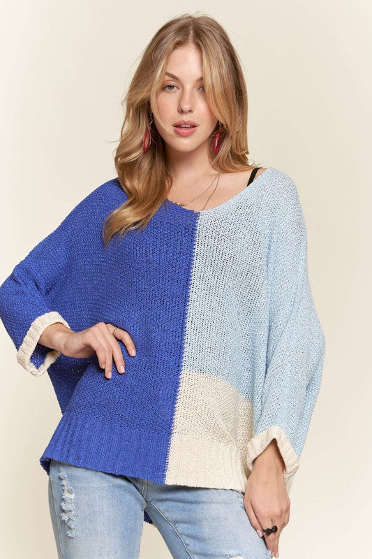 ADORA Color Block Side Slit Long Sleeve Sweater Royal Blue