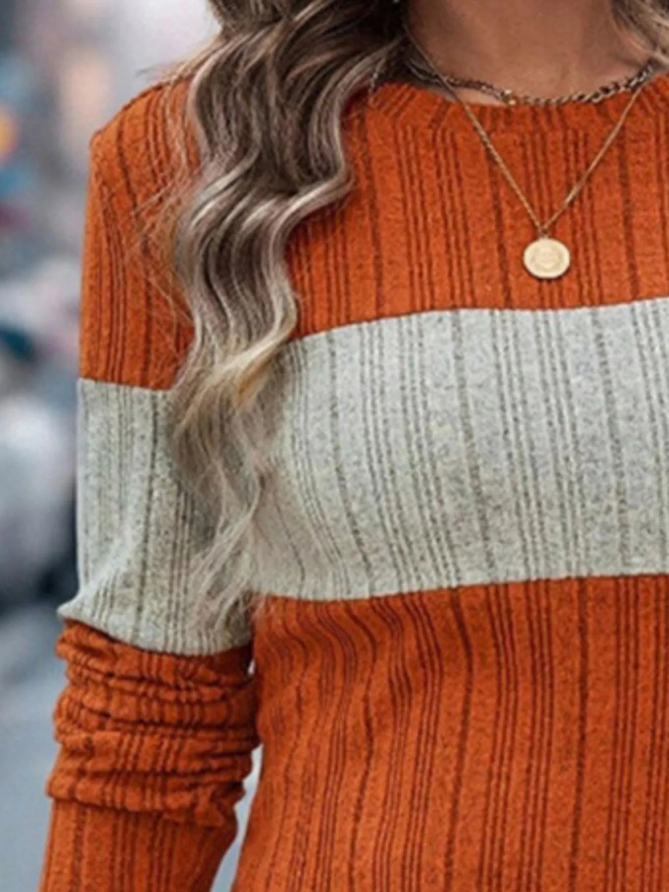 Color Block Round Neck Long Sleeve Sweater â€“ Cozy & Stylish for Fall