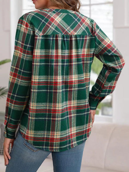 Classic Plaid Half Button Long Sleeve Blouse