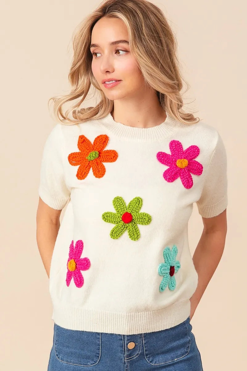 BiBi Crochet Daisy Patch Knit Sweater Top