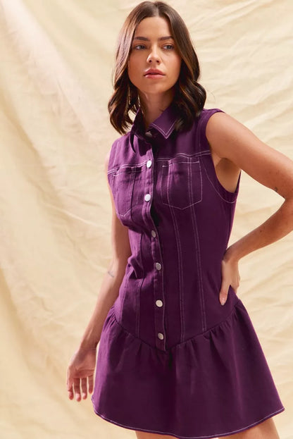 SO ME Sleeveless Collared Button-Down Mini Dress