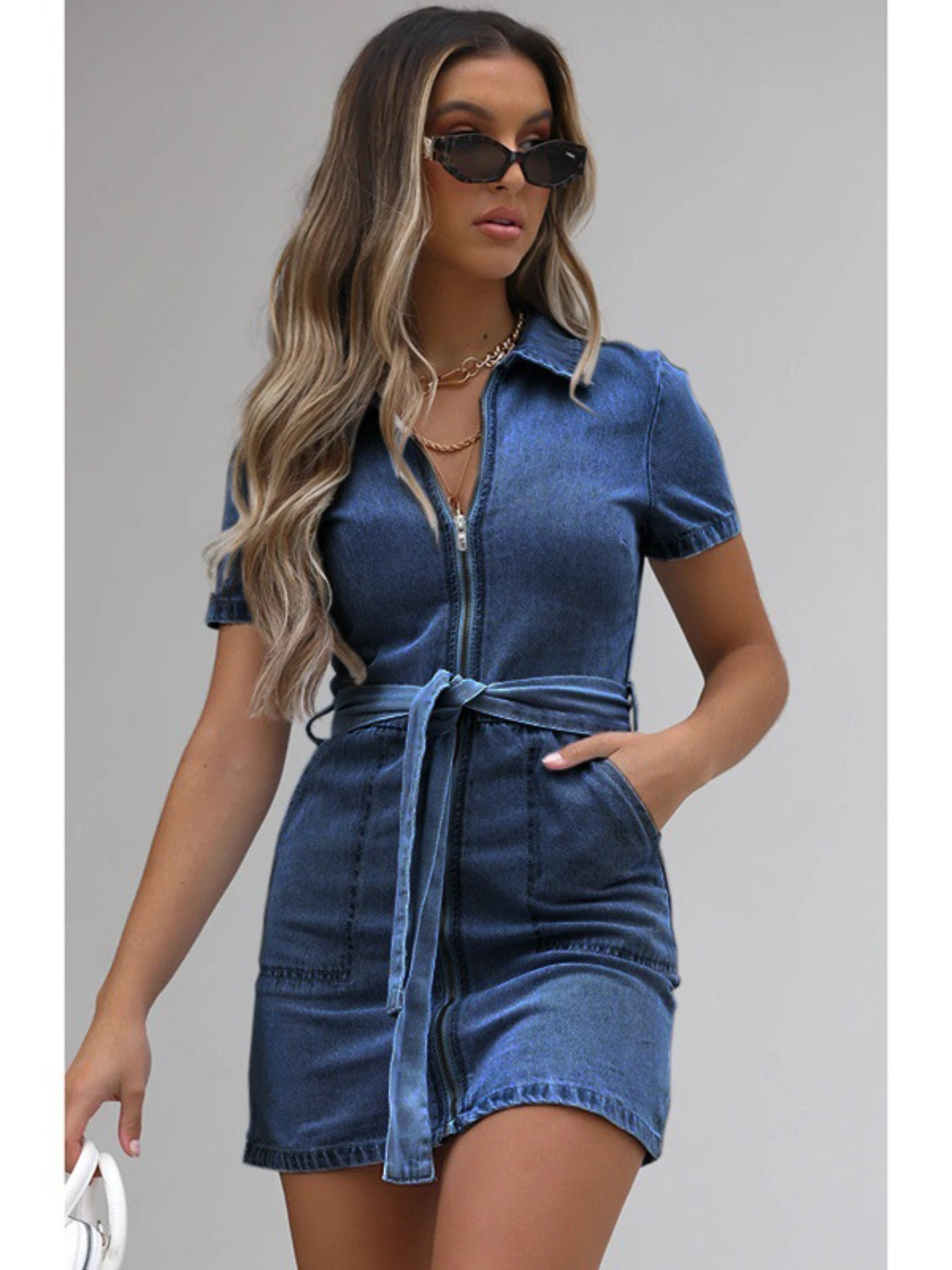 Zip Front Short Sleeve Denim Dress - Stylish & Functional Dark Blue