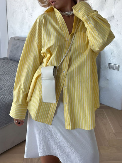 Devine Striped Collared Neck Long Sleeve Shirt Light Yellow