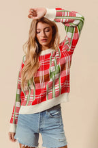 SO ME Festive Christmas Checkered Plaid Crew Neck Sweater