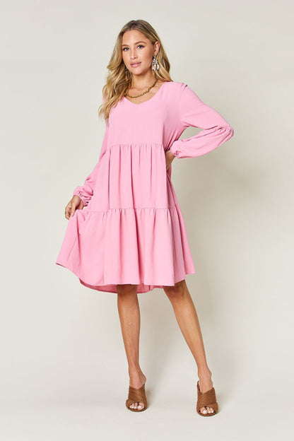 Full Size V-Neck Tiered Balloon Sleeve Dress with Pockets