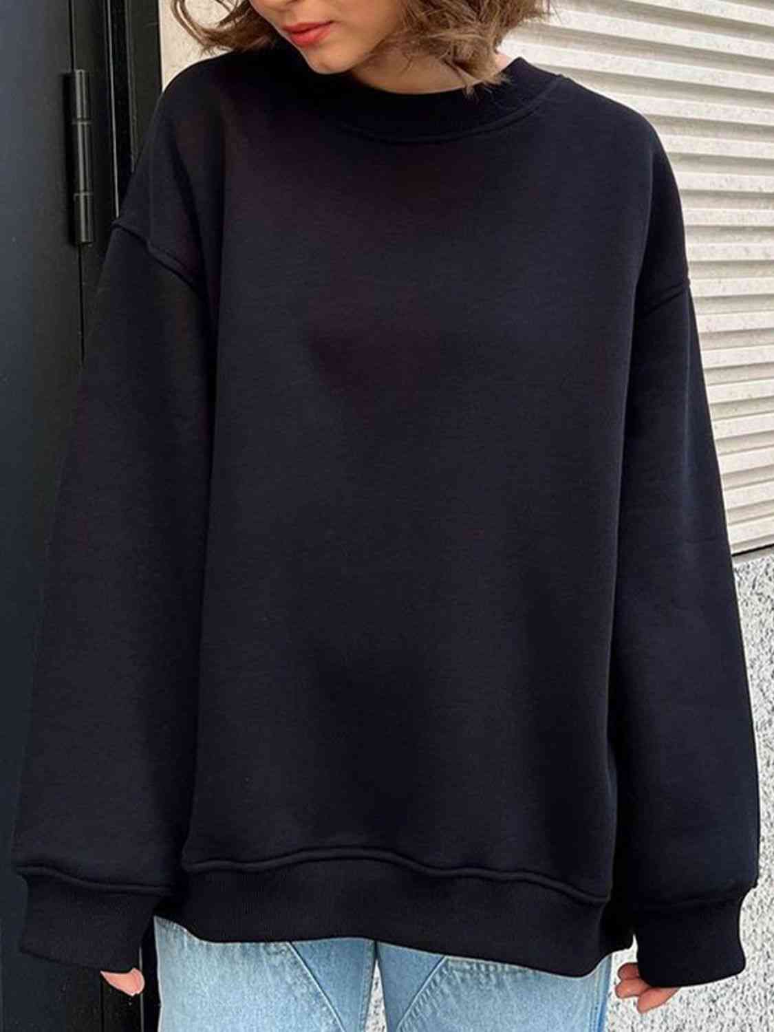 Oversized Round Neck Dropped Shoulder Sweatshirt Black