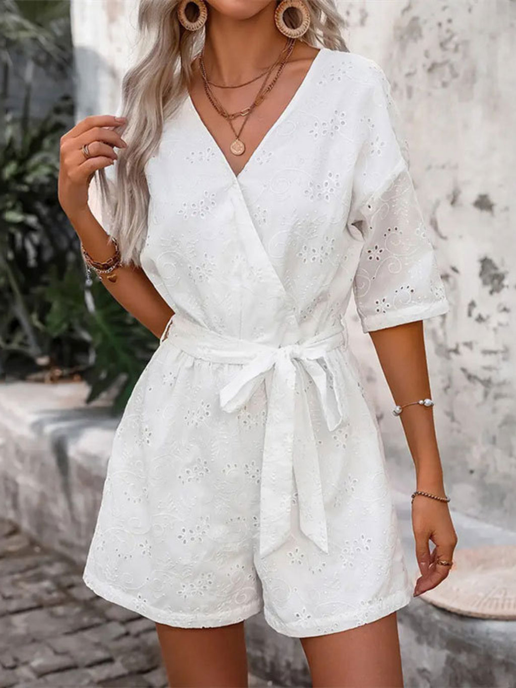 Tied Front Eyelet Romper - Chic & Lightweight White