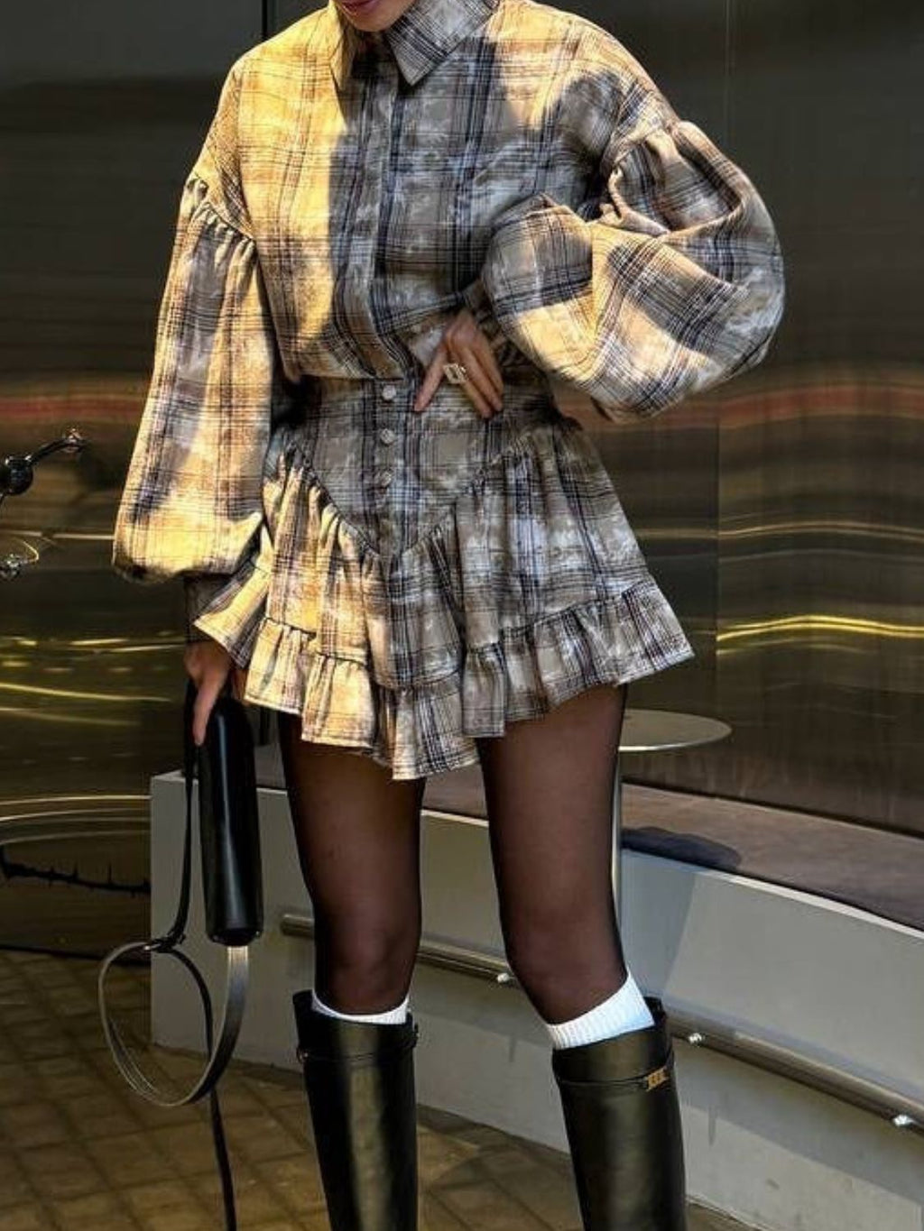 Lantern Sleeve Shirt & Ruffled Skirt Set - Chic & Feminine