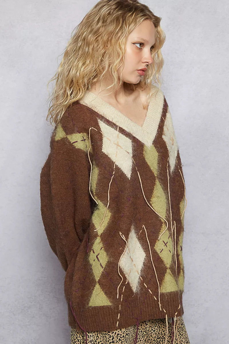 POL Argyle Dreams V‑Neck Mohair Sweater with Contrast Stitch