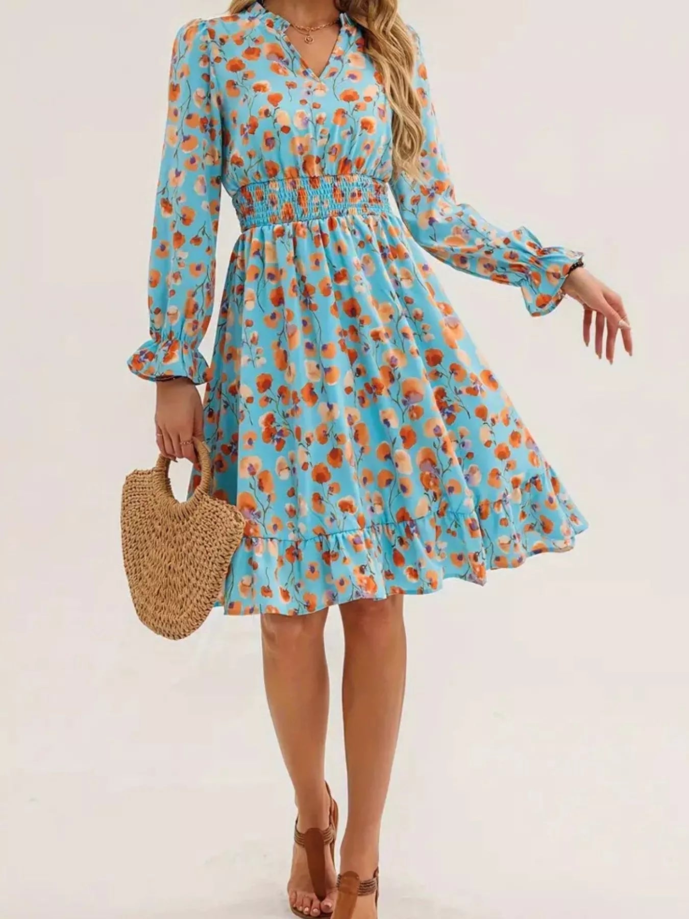 Floral Smocked Ruffled Flounce Sleeve Midi Dress