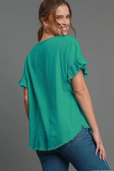 Umgee Full Size Raw Hem Ruffle Short Sleeve Blouse