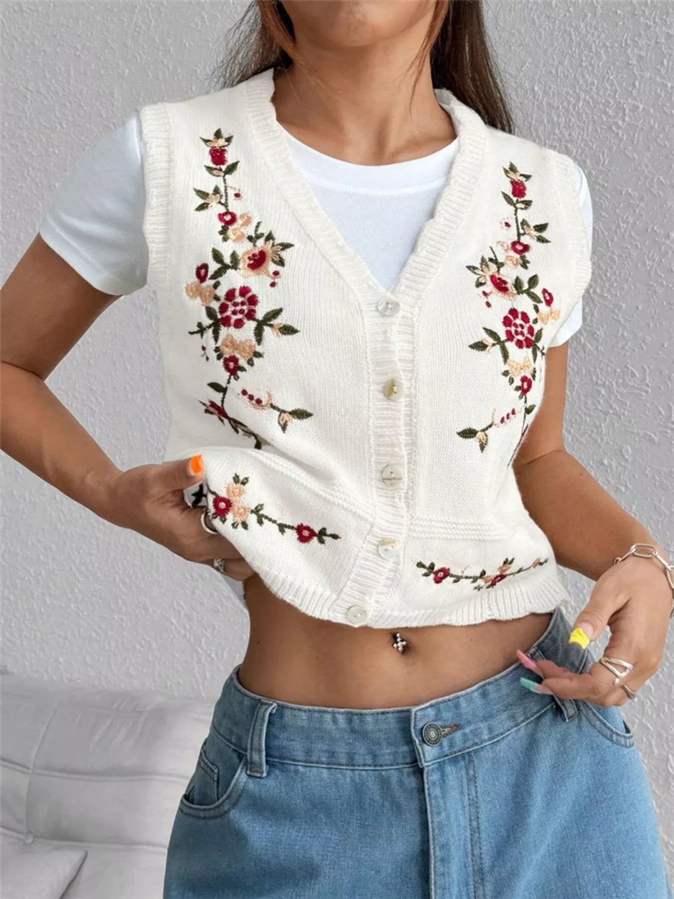 Chic Embroidered Button-Up Sweater Vest – Layer for Every Season