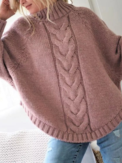 Full-Size Cable-Knit Long Sleeve Sweater (Plus Size) Pink