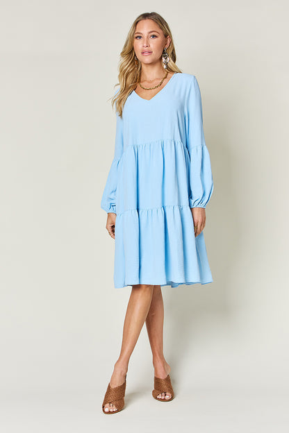 Full Size V-Neck Tiered Balloon Sleeve Dress with Pockets