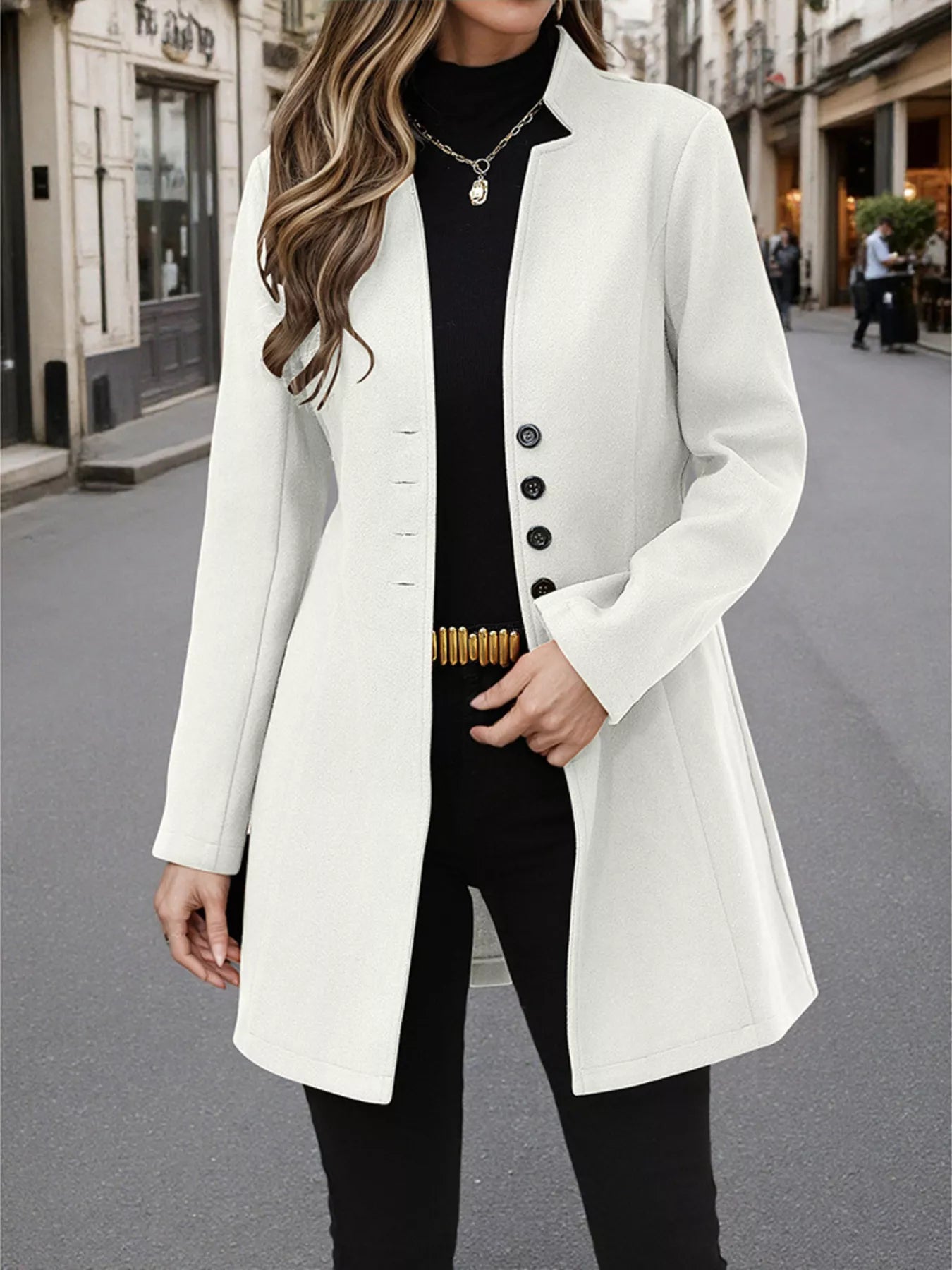 Classic Button-Up Long Sleeve Coat Ivory