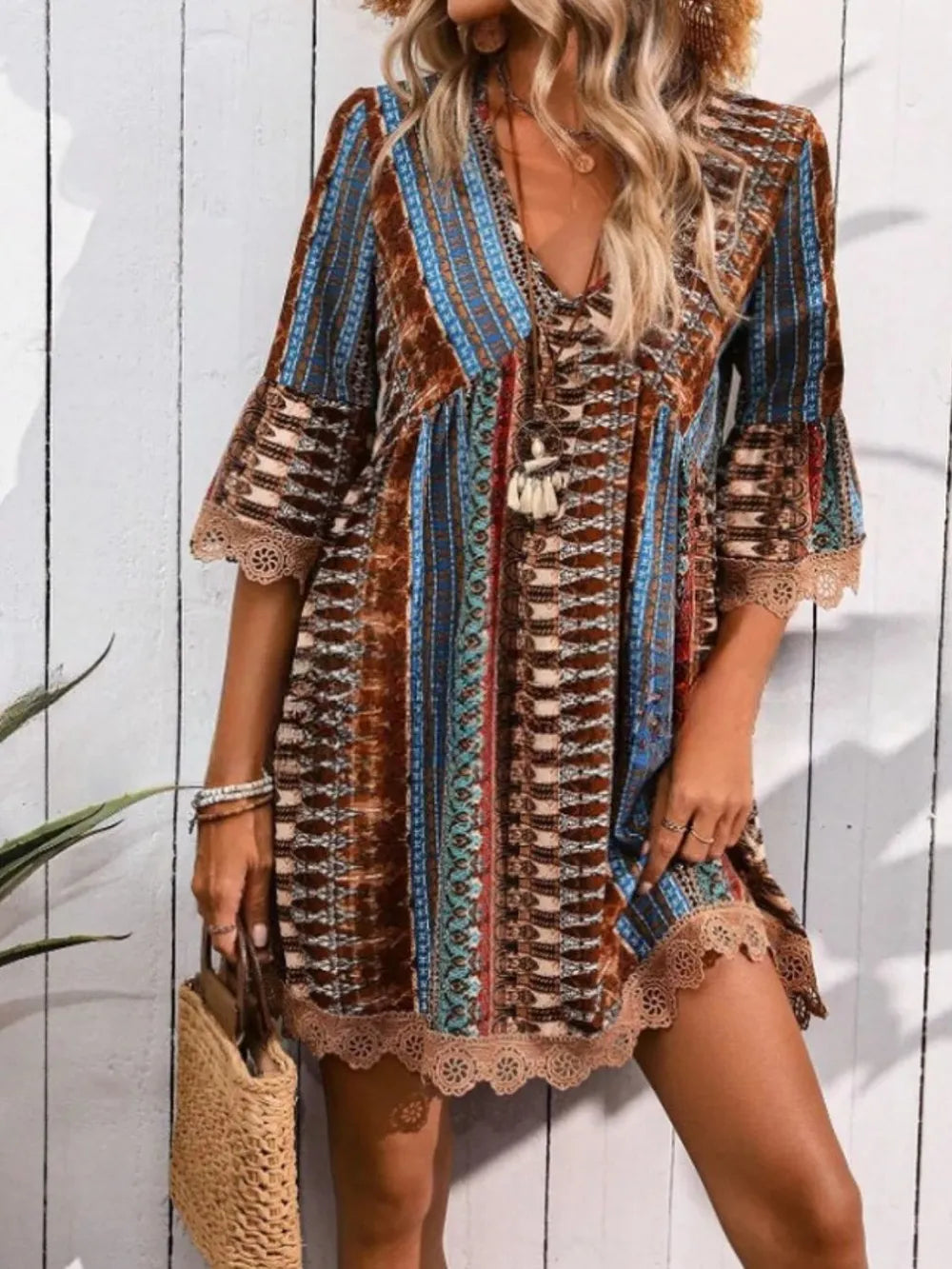 Printed V-Neck Dress with Lace Trim and 3/4 Sleeves Brown