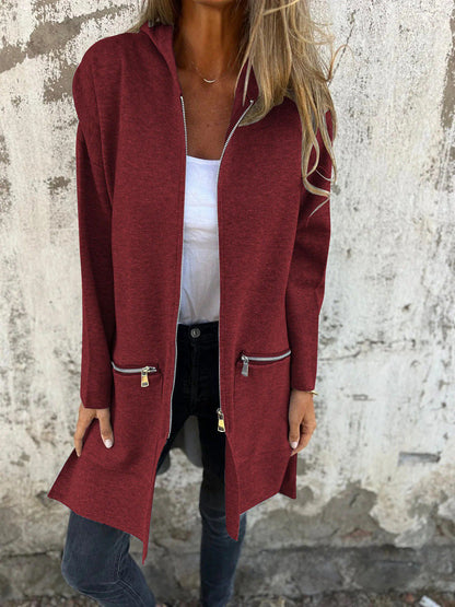 Full-Length Zip-Up Drop-Shoulder Hooded Jacket Burgundy