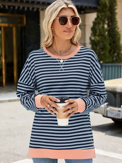 Chic Striped Slit Detail Long Sleeve Sweatshirt