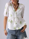 Embroidered V-Neck Puff Sleeve Peplum Blouse White