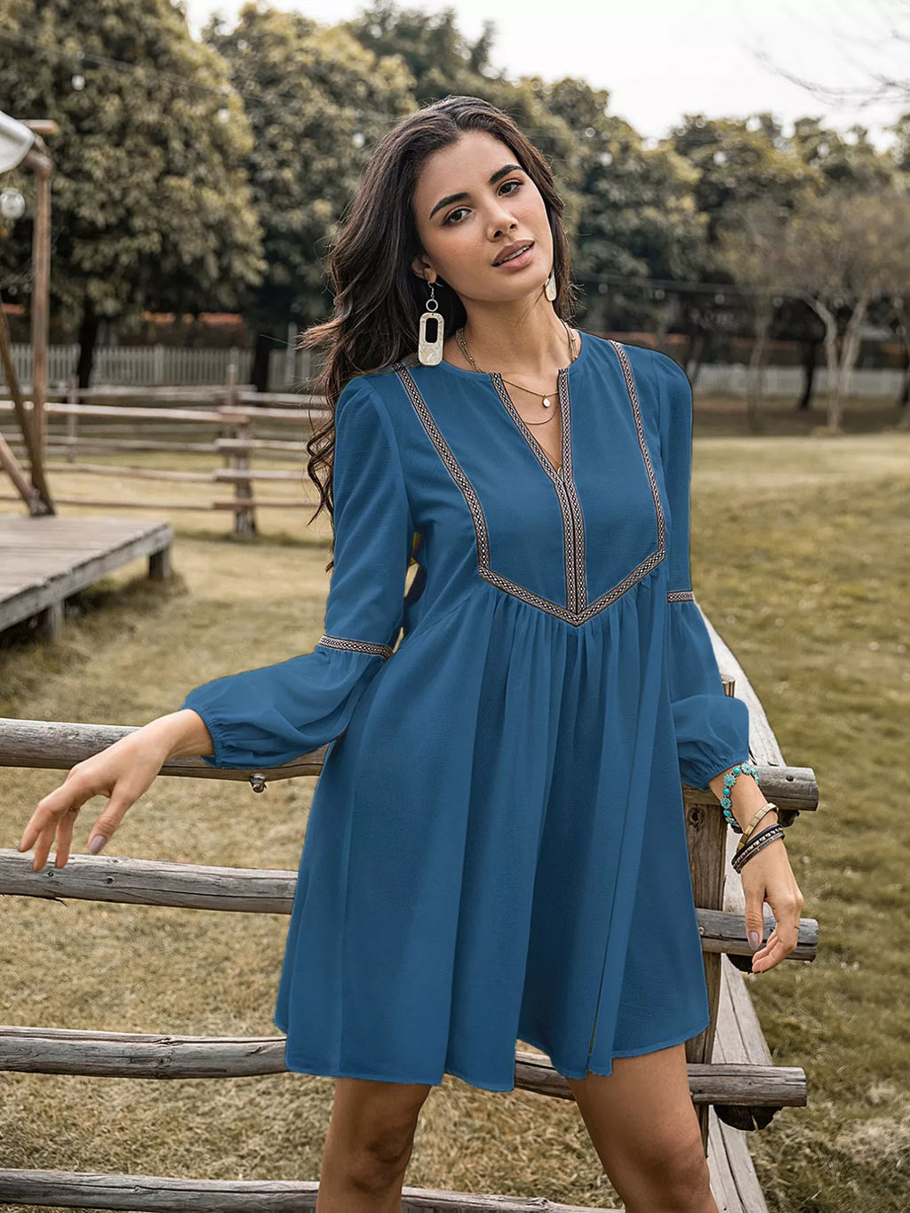 Notched Neck Balloon Sleeve Ruched Mini Dress French Blue