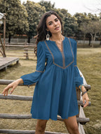Notched Neck Balloon Sleeve Ruched Mini Dress French Blue