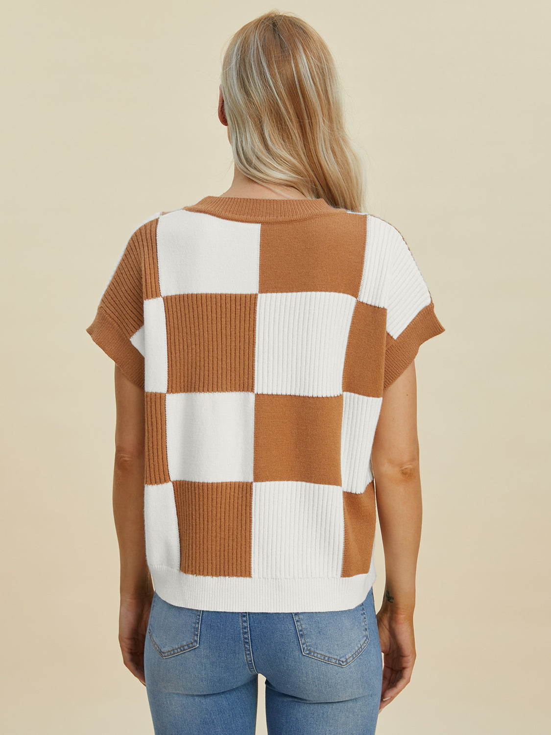 Double Take Checkered Round Neck Short Sleeve Sweater