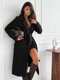 Belted Tie-Waist Longline Coat with Pockets Black