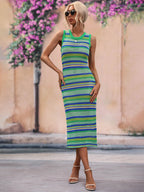 CoastEase Striped Sleeveless Round Neck Cover-Up Midi Dress