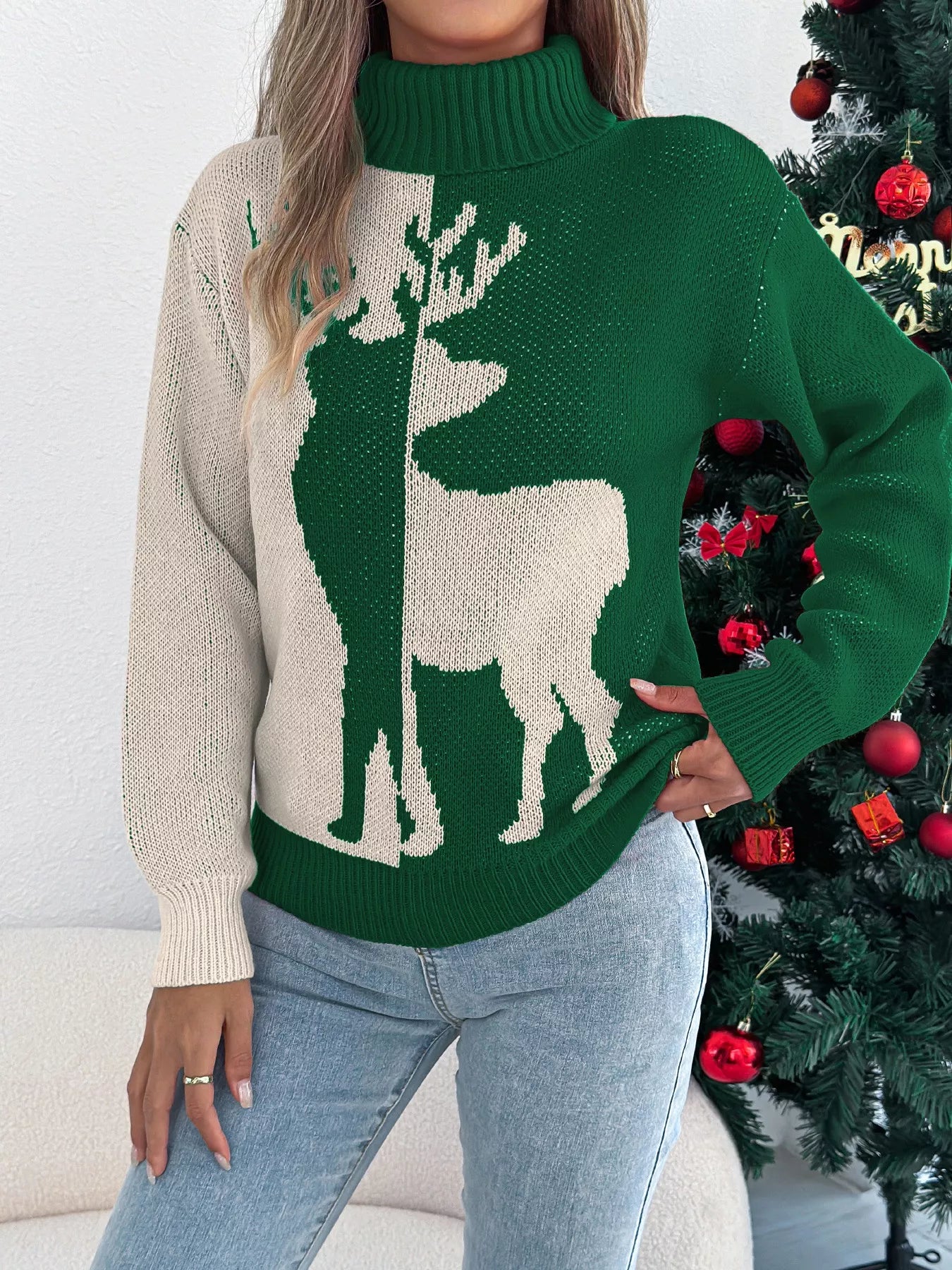 Cozy Christmas Reindeer Ribbed Turtleneck Sweater
