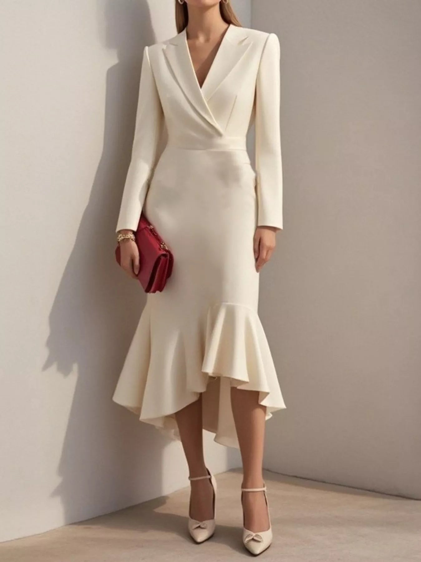 Elegant Ruffled Hem Long Sleeve Cotton Blazer Midi Dress Apricot