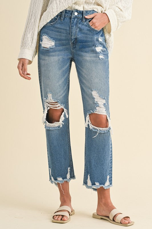 Annie Wear Distressed Raw Hem Cropped Jeans Denim