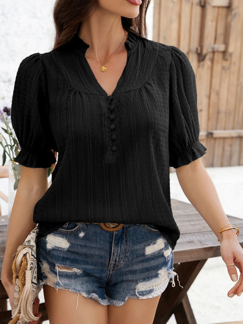 Devine Frill Notched Short Sleeve Blouse - Elegant & Chic