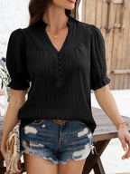 Devine Frill Notched Short Sleeve Blouse - Elegant & Chic