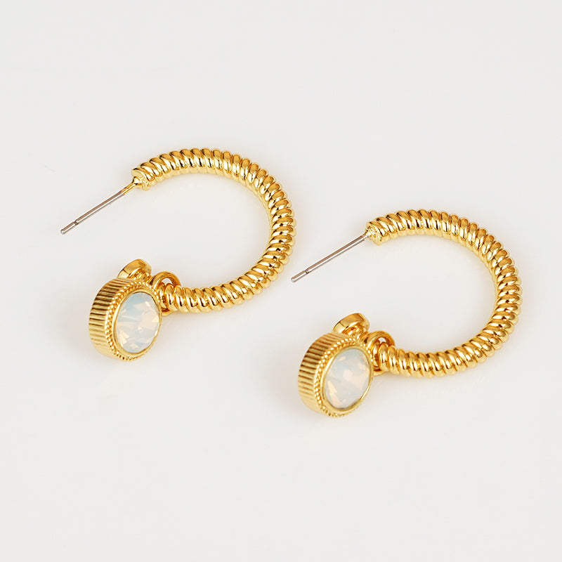 Rope Cat's Eye Stone C-Hoop Earrings Gold One Size