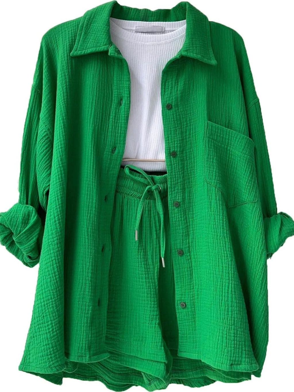 Chic Textured Button-Up Shirt & Shorts Two-Piece Set